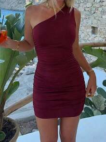 Vestido mini de punto de unicolor con hombros descubiertos, ceñido y sexy para mujer.Vestidos cortos con cuello de hombros descubiertos, apropiado para el Día de San Valentín, elegante - Burdeos - Ver 12