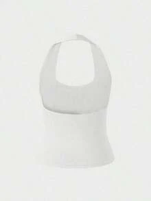 Camiseta sin espalda ajustada de color amarizo sólido con tirantes finos, blusa casual para mujer, adecuada para la playa, el hogar y el uso diario en verano - Blanco - Ver 7