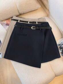 Pantalones con falda asimétrica de moda casual para ir al trabajo, pantalones cortos multifuncionales para mujer sin cinturón, pantalones con falda asimétrica a juego sin cinturón, falda asimétrica, falda con dobladillo asimétrico, falda pantalón - Azul marino - Ver 3