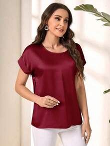 Blusa suelta elegante de verano para mujer con cuello redondo, mangas cortas tipo murciélago y unicolor - Blusas de manga corta - Burdeos - Ver 5