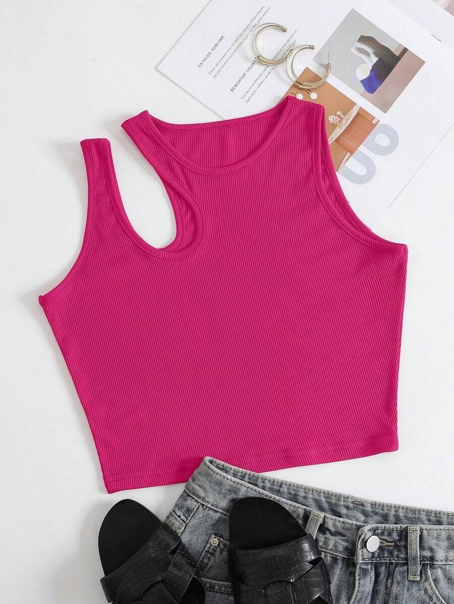 Top Sin Mangas De Punto Acanalado Con Hombro Cortado Sólido Para Verano - Rosa Fucsia - Ver 1