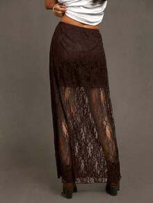 2026 Women Sexy Black Wildflower Lace Patchwork Lightweight And Breathable Long Summer Skirt Winter Casual Spring - Caqui - Ver 2