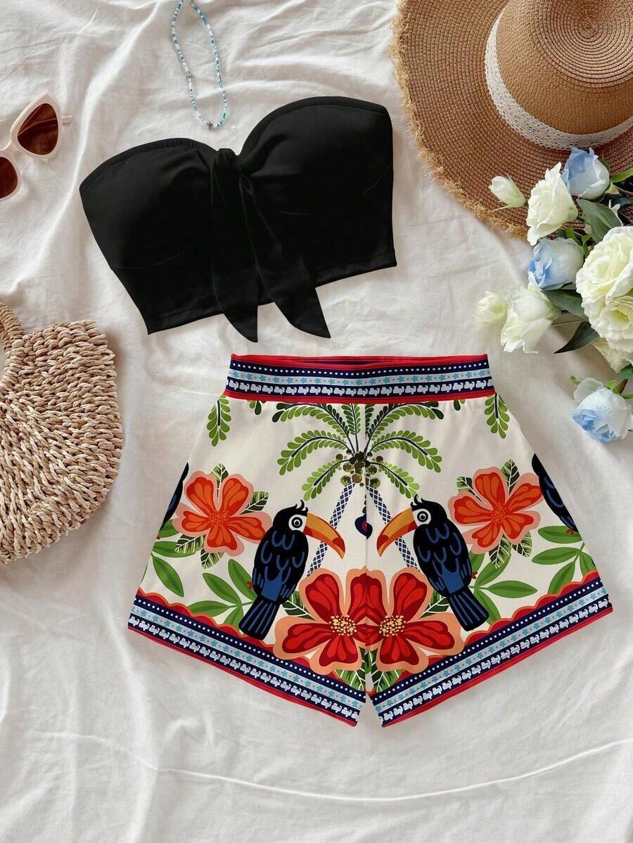 Conjunto de 2 piezas con estampado de árbol de coco y flor de diosa del sol para vacaciones en la isla, adecuado para vacaciones, verano, elegante - Multicolor 4 - Ver 1