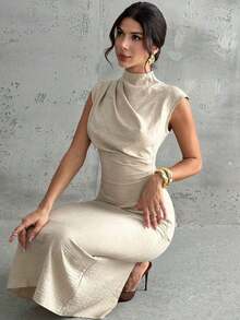 Vestido largo de mujer elegante y casual para uso diario, viajes y moda, con cuello mao, mangas drapeadas y cintura ceñida en color albaricoque - Albaricoque - Ver 7