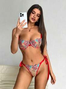 Set de 2 piezas de lencería compuesto por sujetador y pantie con bordado floral y tela de malla para mujeres - Burdeos - Ver 8