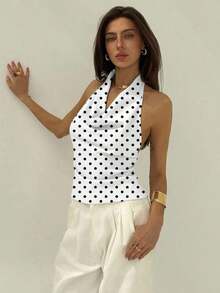Blusa de mujer con escote profundo drapeado, sin espalda y con lazo trasero, de estilo elegante y sexy - Blanco y Negro - Ver 4