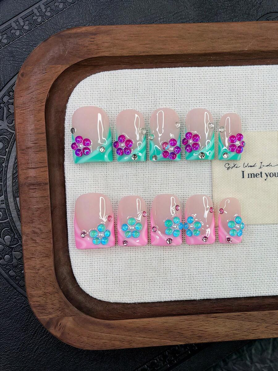 10pcs Y2K Nails Square Press On Nails Set - Handcrafted, Pink Nails, Green Nails, Pink And Green French Tip Nails, Handmade 3D Purple Rhinestone Flowers And 3D Blue Rhinestone Flowers Design, Hand Drawn Green Gradient And Pink Gradient Design, Sparkling Purple Rhinestone And Blue Rhinestone Decoration - Multicolor - View 1
