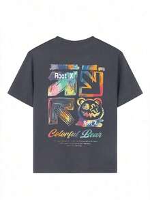 Casual Style T-Shirt For Children With Cartoon Bear Print, Made Of Soft And Comfortable Fabric, Suitable For Children In Outdoor Sports, Daily Wear, Urban Style, Campus Style, Versatile Fashion Top For Children For Spring And Summer. - 深灰色 - 查看 7