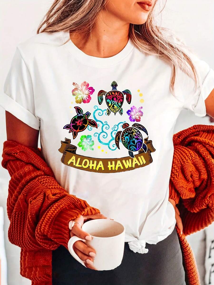 Women's Pure Cotton Hawaiian Style T-Shirt With Turtle And Flower Print - Casual Short Sleeve Round Neck Top With Color Gradient, Breathable Tropical Design, Fashionable For Spring And Summer. - White - View 1