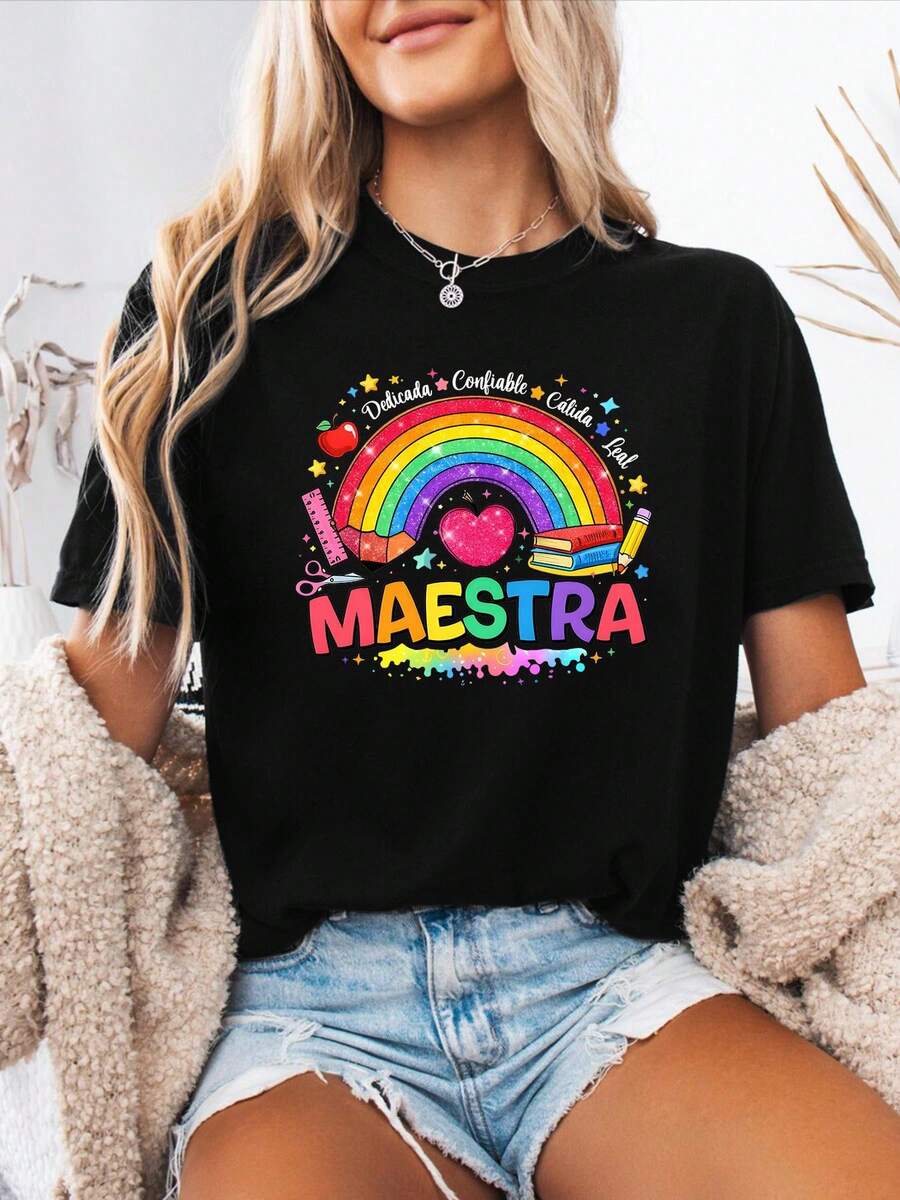 Women's Breathable Short-Sleeved T-Shirt With A Spanish Alphabet Print, Plus Size, Perfect For Spring And Summer. Casual Short-Sleeved T-Shirt With A Round Neck, Suitable For All Seasons, Simple Design, Ideal For Holiday Gifts, Everyday Wear, And Cool Summer Days. - 黑色 - 查看 1