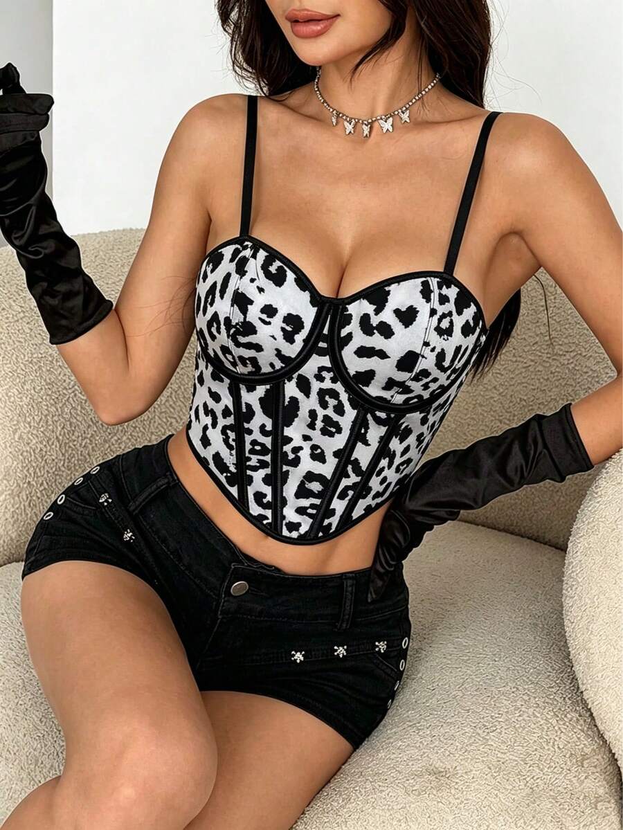 Women's Sexy Y2K Leopard Print Camisole Top, Boned Support, Curved Hem, Fitted Silhouette, 4-Season, Suitable For Nightclub, Night Out, And Date Summer - Black and White - View 1