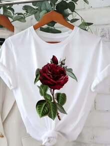 Women's Short Sleeve Cotton T-Shirt With Red Rose Print And Round Neck - Women's Clothing, Comfortable Fit, Classic Design, Elegant Party Outfit, T-Shirt For Elegant Ladies, Blouses Suitable For Curvy Women, Prom Skirts, Casual Wear, Adorable Animal Print, Fun Letter Print, Matches With Street Fashion - 白色 - 查看 7