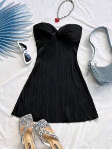 Vestido corto de mujer con textura de onda de punto blanco para resort, con escote bandeau, corte en la cintura, y bajo en línea A. Apropiado para fiestas, citas, té de la tarde, playa, verano y festivales musicales - Negro - Ver 3