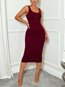 Vestido largo de verano informal de unicolor, de corte ceñido y sin mangas para mujer - Burdeos - Ver 8