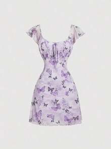 Vestido mini de flores para mujer, ideal para vacaciones de verano - Lila Púrpura - Ver 5