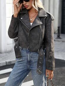 Women's Faux Leather Long Sleeve Zipper Short Biker Jacket - Two-tone Gray Light - View 5