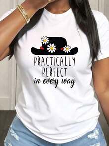 Practically Perfect In Every Aspect, Women's Plus Size Casual T-Shirt, Short Sleeve, Round Neck, With Medium Elasticity Fabric, Suitable For Spring, Summer And Autumn Casual Outfits, Machine Washable, Fun Design. - 白色 - 查看 7
