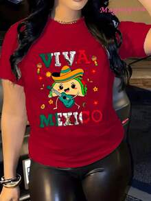 Limited Edition MGY Viva Mexico Graphic T-Shirt For Women, Size -% Cotton, Short Sleeve, Crew Neck, Casual Style With Vibrant Mexican Culture Design, Maracas, Sombrero And Chiles Print, Black And Red/Blue Green, Machine Washable, All Season Comfort, Lightweight Cotton - 紅色 - 查看 1