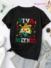 Limited Edition MGY Viva Mexico Graphic T-Shirt For Women, Size -% Cotton, Short Sleeve, Crew Neck, Casual Style With Vibrant Mexican Culture Design, Maracas, Sombrero And Chiles Print, Black And Red/Blue Green, Machine Washable, All Season Comfort, Lightweight Cotton - 黑色 - 查看 3
