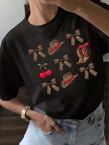 vintage Camisetas Gráficas YOCASA: Camiseta Casual de Verano para Mujer, con Cuello Redondo, Ajustada y de Manga Corta, con Estampados de Pintura al Óleo, Florales, de Corazones, de Cerezas y de Letras. Tela sencilla y casual, estilo deportivo, ideal para uso diario y una cita de San Valentín. 100% algodón.  top playeras de mujer>basico - Negro - Ver 7