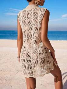 Cubre vestido de punto calado de unicolor para mujer, para el verano - Albaricoque - Ver 2