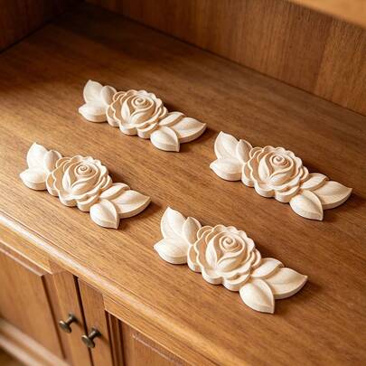 4pcs Solid Wood Carved Inlaid Rose Appliques For Home Decoration, Decorative Trim, Woodworking Supplies, Suitable For Cabinets, Doors, Windows, Furniture, Feature Walls, And Other Appliqués, DIY Decoration.