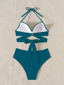 Swim Mod Conjunto de bikini de tirantes cruzados con envoltura de playa y soporte push-up para el verano - Azul - Ver 4