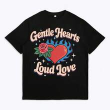 Women's Graphic T-Shirt With Heart, Pink And Flame Print, Short Sleeve, Cotton, Casual Urban Style, Top With Modern Phrases For Everyday Wear - 黑色 - 查看 1
