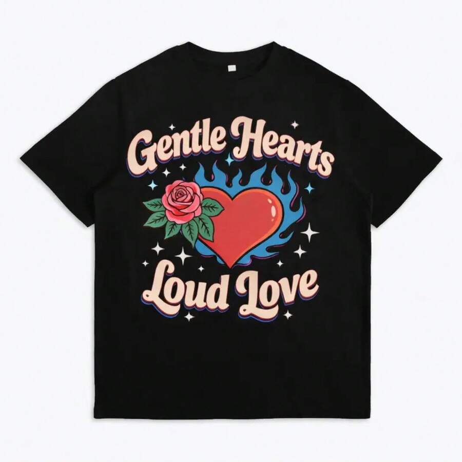 Women's Graphic T-Shirt With Heart, Pink And Flame Print, Short Sleeve, Cotton, Casual Urban Style, Top With Modern Phrases For Everyday Wear - 黑色 - 查看 1