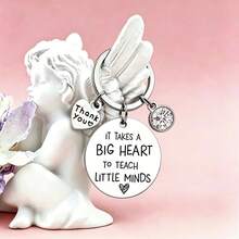 1个“It Takes A Big Heart”教师节/毕业礼物不锈钢钥匙扣，镶嵌粉色水钻“Thanks You”字样，教师节礼物 - 鋼色 - 查看 4