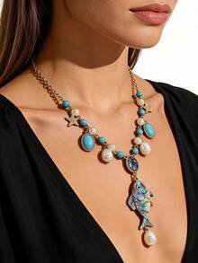 1pc Luxury Vacation Style Ocean-Themed Necklace, Gold-Plated Pearl & Turquoise Beaded With Painted Fish & Starfish Pendants, Suitable For Beach Party, Vacation, And Commute - Multicolor - View 1