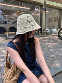 1 chiếc mũ tai bèo dệt rỗng thời trang mùa hè dành cho nữ, mũ vành hẹp dệt kim phong cách Boho chống nắng ngoài trời, đa năng thoải mái. - Nhiều màu - Xem 11