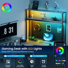 Escritorio para juegos HLDIRECT en forma de L con luz LED y toma de corriente, escritorio de esquina para computadora con estantes de almacenamiento, cajón y bolsa, mesa de juego con soporte para monitor, oficina en casa - Gris - Ver 5