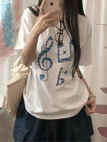 Women's Loose-Fitting Short-Sleeved Custom T-Shirt, Sweet And Modern Casual Style, With Star And Musical Symbol Print, Made Of Pure Cotton Fabric, Suitable For Everyday Summer Wear, Versatile And Casual - Unisex Loose-Fitting Short-Sleeved Cotton T-Shirt With Vintage-Style Round Neck. - 白色 - 查看 7