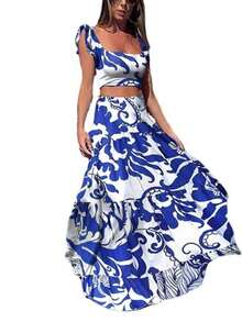 Conjunto de mujer dos piezas con top crop y falda larga maxi de estampado floral, escote halter, cinturón alto, tejido ligero y transpirable ideal para playa, vacaciones y verano, estilo boho chic perfecto para fiestas en la playa y resorts - Azul - Ver 4