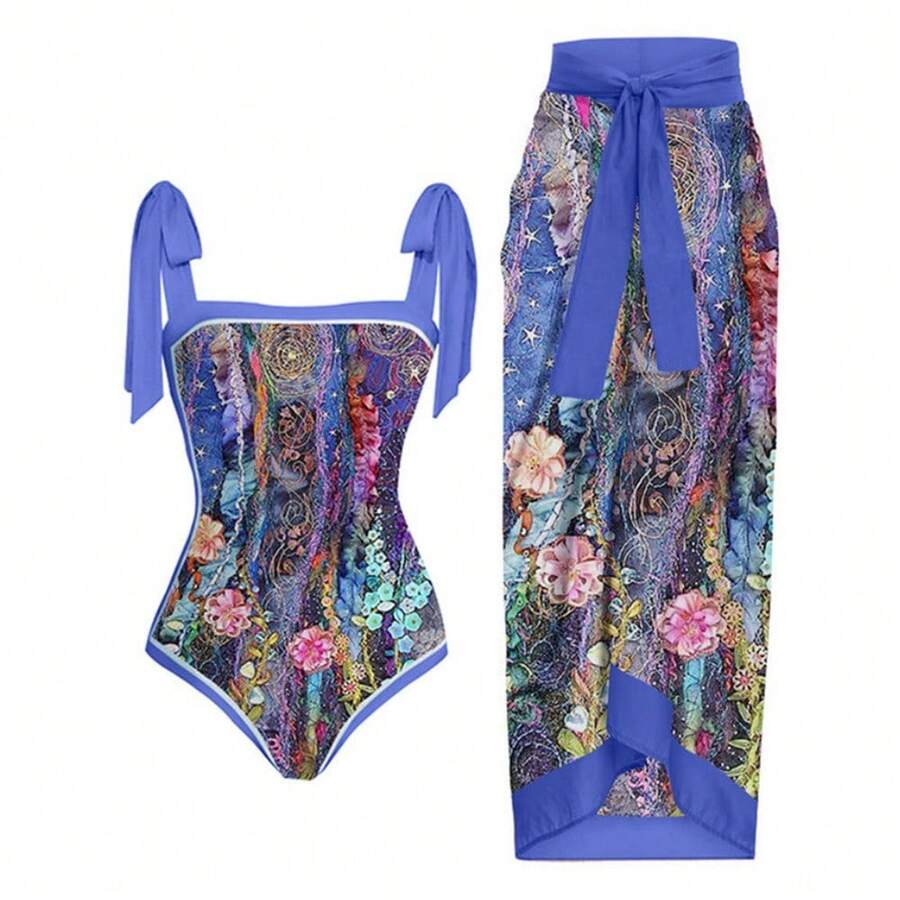 Women's One-Piece Swimsuit, Sexy Bikini With Long Lace-Up Skirt, Three-Piece Set. - Blue Flowers - View 1