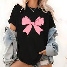 Women's Casual T-Shirt With Bow Print – Short Sleeve, Round Neck, Perfect Summer Clothes - الأسود - مشاهدة 1
