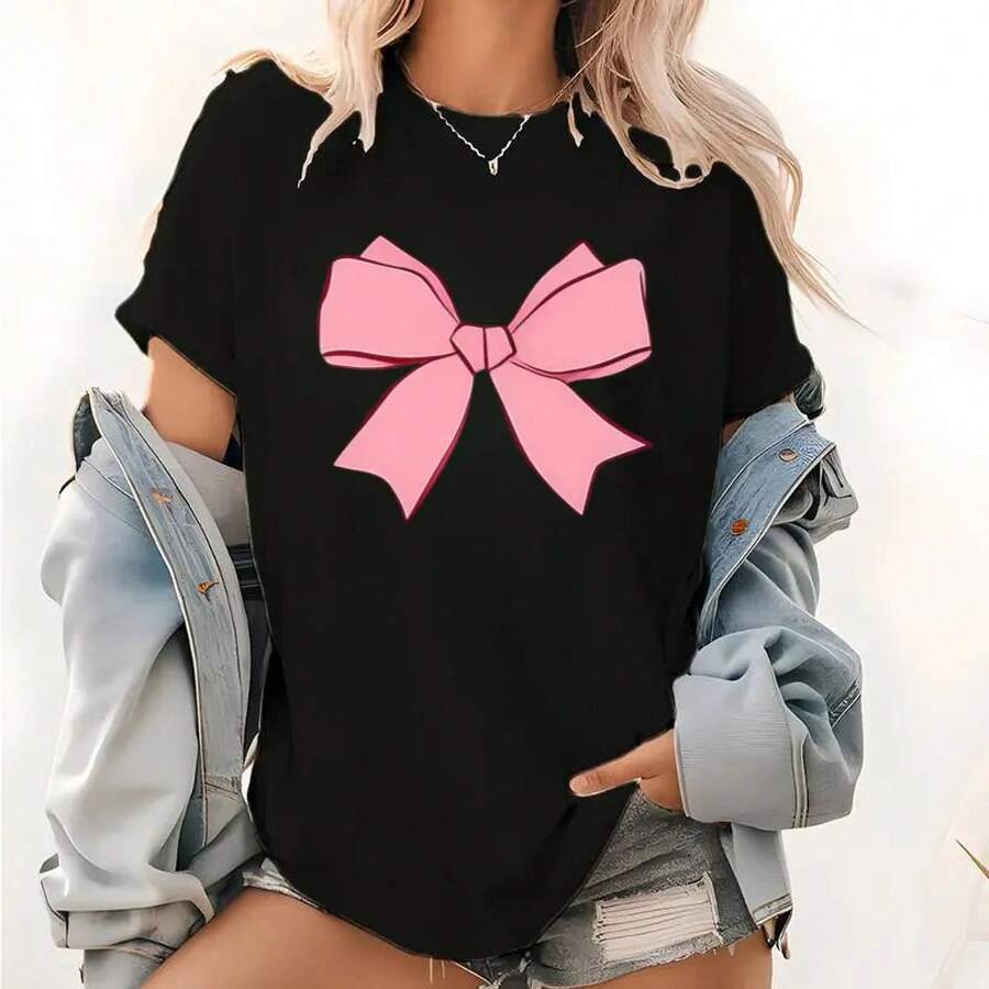 Women's Casual T-Shirt With Bow Print – Short Sleeve, Round Neck, Perfect Summer Clothes - الأسود - مشاهدة 1