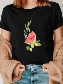 Camiseta personalizada con estampado de sandía, linda para el verano, top deportivo casual de manga corta para primavera y verano, ropa de mujer.playeras de mujer - Negro - Ver 7