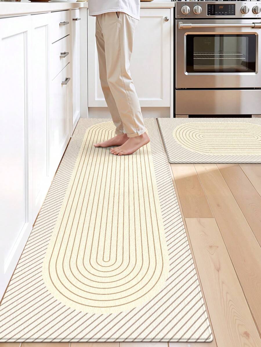 DAJIANG 1pc Minimalist Geometric Line Beige Long Kitchen Mat/Rug, Suitable For Bathroom, Kitchen, Outdoor, Indoor, Hallway, Bedroom, Living Room, Machine Washable, Easy To Clean, Non-Slip Bottom, Applicable For Bedroom Decor, Japanese/Nordic Style Decor, Bathroom Decor, Outdoor Decor - Overlapping Loop - View 1
