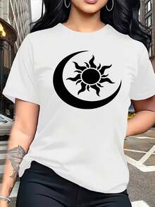Camiseta de manga corta con cuello redondo y estampado de sol y luna para mujer - Estilo deportivo casual, corte holgado, 95% poliéster 5% spandex 180g, diseño estampado, primavera/verano, moderna y cómoda, a la moda y fácil de combinar, transpirable y cómoda, versátil. - Blanco - Ver 1
