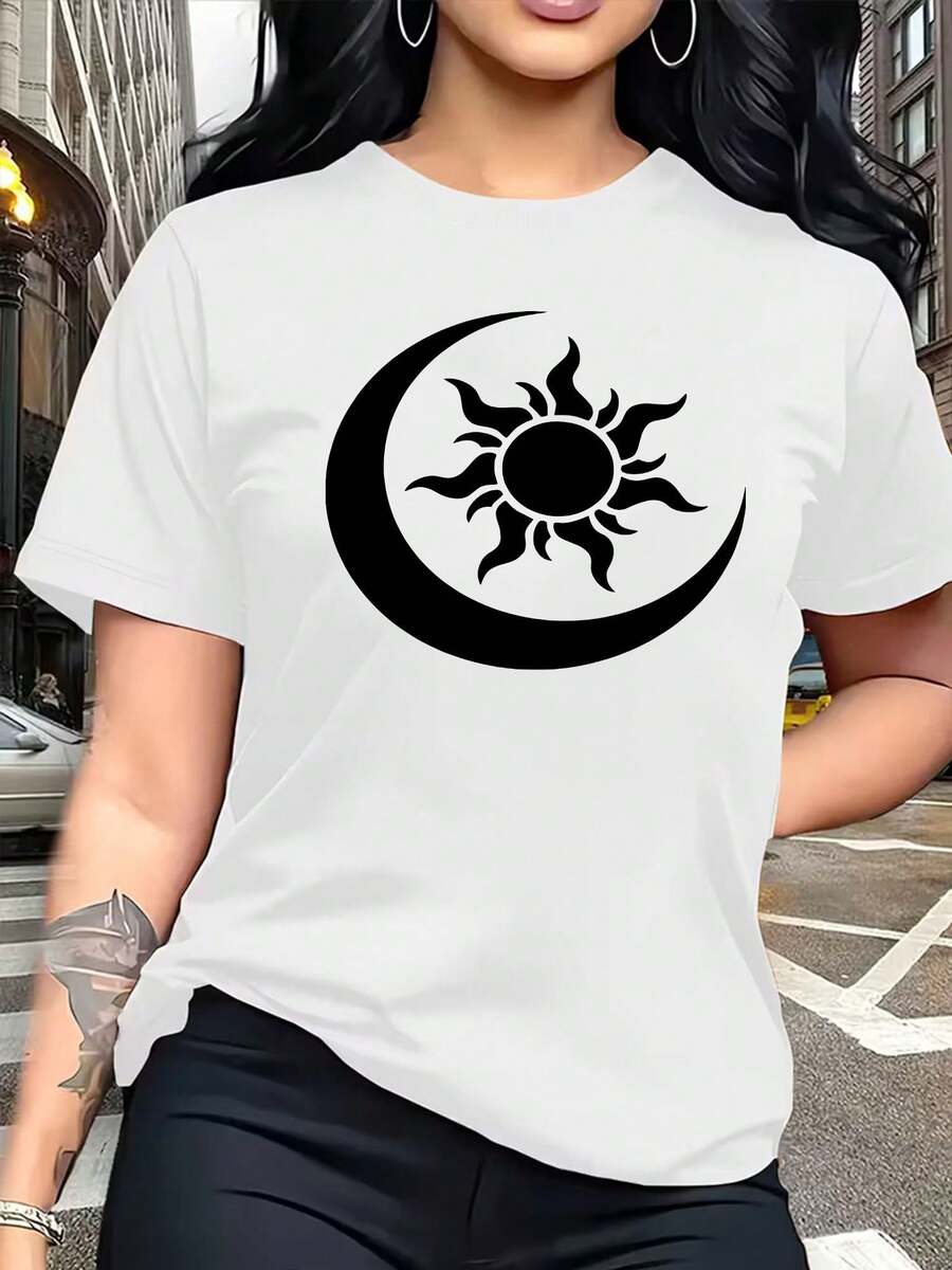 Camiseta de manga corta con cuello redondo y estampado de sol y luna para mujer - Estilo deportivo casual, corte holgado, 95% poliéster 5% spandex 180g, diseño estampado, primavera/verano, moderna y cómoda, a la moda y fácil de combinar, transpirable y cómoda, versátil. - Blanco - Ver 1