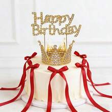 12 piezas Toppers de corona de diamantes de imitación dorados para pastel de cumpleaños, corona de diamantes brillantes, accesorios de cinta roja para fiesta y repostería - Multicolor - Ver 1