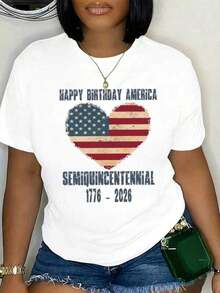 Women's Casual T-Shirts,Happy Birthday America Heart Usa Flag Semiquincentennial 1776 2026 Print Short Sleeve Women Round Neck T Shirt For Independence Day Celebration,Women's T-Shirt, Y2K Style, Summer Fashion Tees, Streetwear Casual Sets and Tops - Blanco - Ver 1