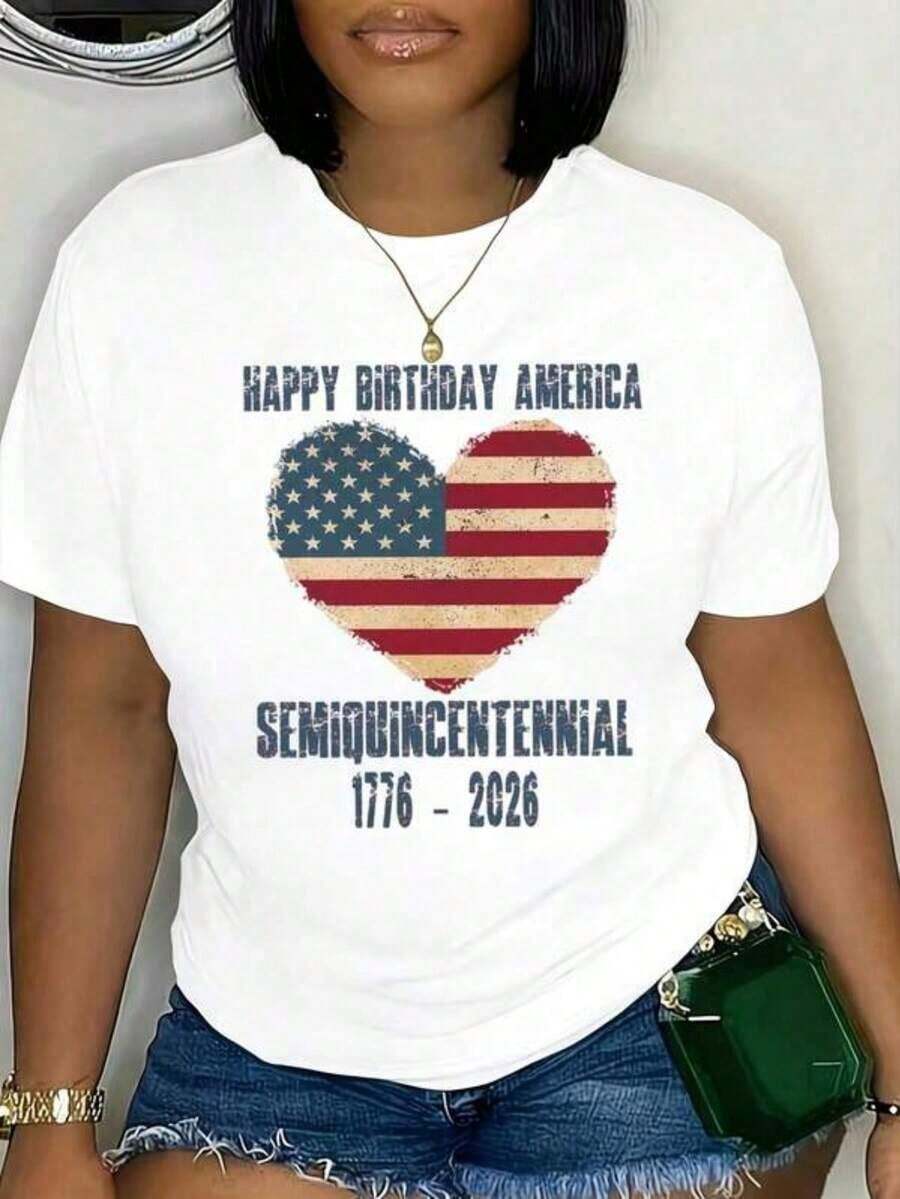 Women's Casual T-Shirts,Happy Birthday America Heart Usa Flag Semiquincentennial 1776 2026 Print Short Sleeve Women Round Neck T Shirt For Independence Day Celebration,Women's T-Shirt, Y2K Style, Summer Fashion Tees, Streetwear Casual Sets and Tops - Blanco - Ver 1