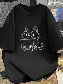 Camiseta de Manga Corta con Estampado de Dibujos Animados para Mujer, Cuello Redondo, Ajuste Holgado y Básico de Moda para Verano - Negro - Ver 6
