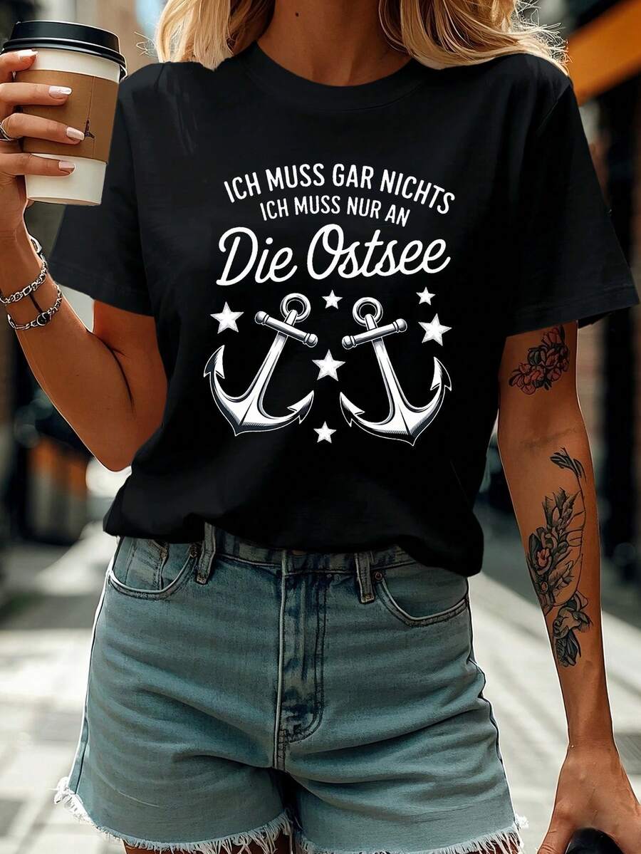 Camiseta de Mujer con Estampado de Letras "Ich Muss Gar Nichts", Manga Corta, Cuello Redondo, Top Casual para Verano y Primavera, Ropa de Mujer, Camisetas para Salir de Noche para Mujer - Negro - Ver 1