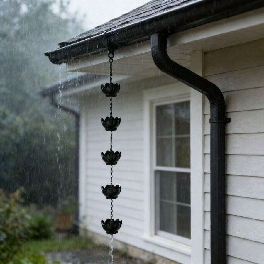 A Wrought  Rain Chain, Black Lotus Appearance, Durable Material, Metal Wind Chimes, Rainwater Collection, For Drainage, Diversion, Eaves, Pendants, Outdoor Decoration, Courtyard, Garden, Home Decoration, - Black Lotus Rain Chain - View 1