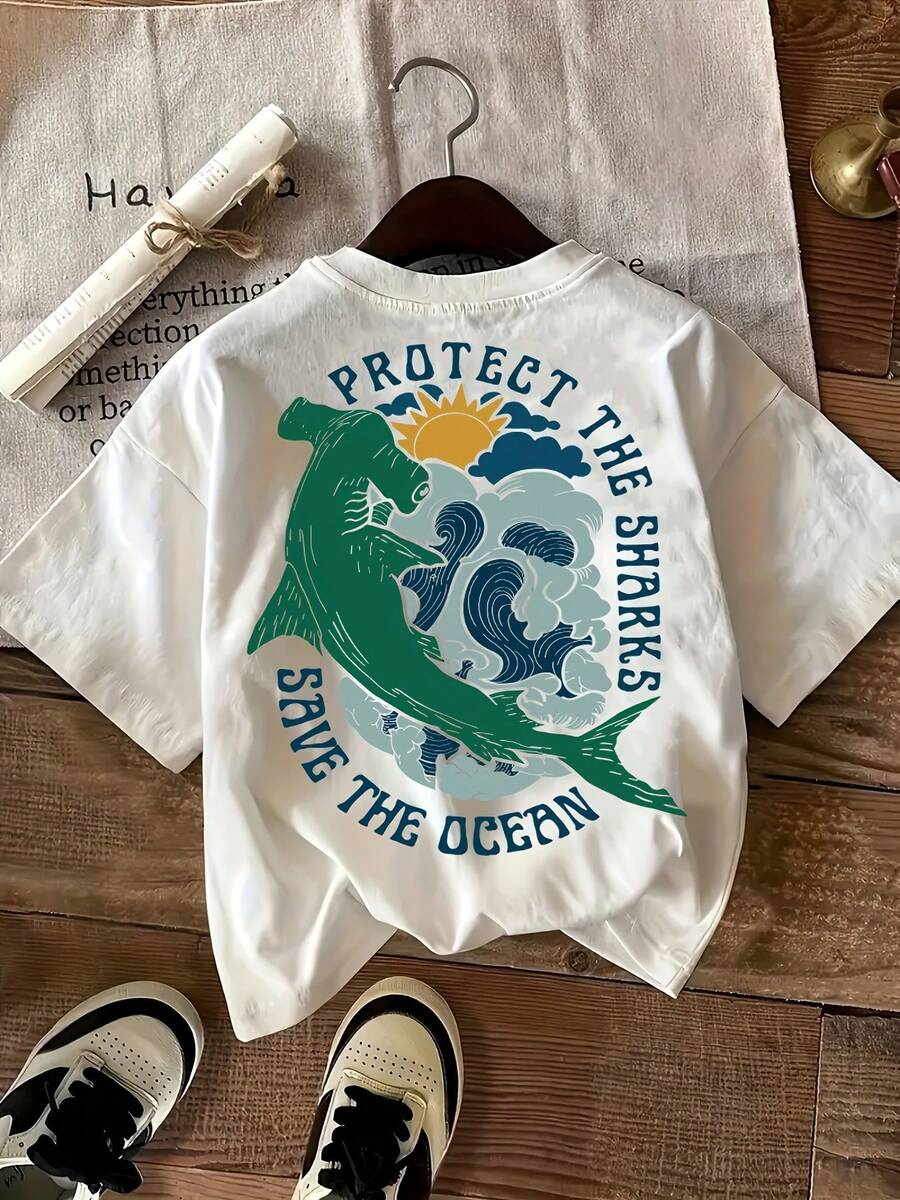 Camiseta con estampado de tiburón, casual y cómoda, de cuello redondo y manga corta para mujer. - Blanco - Ver 1