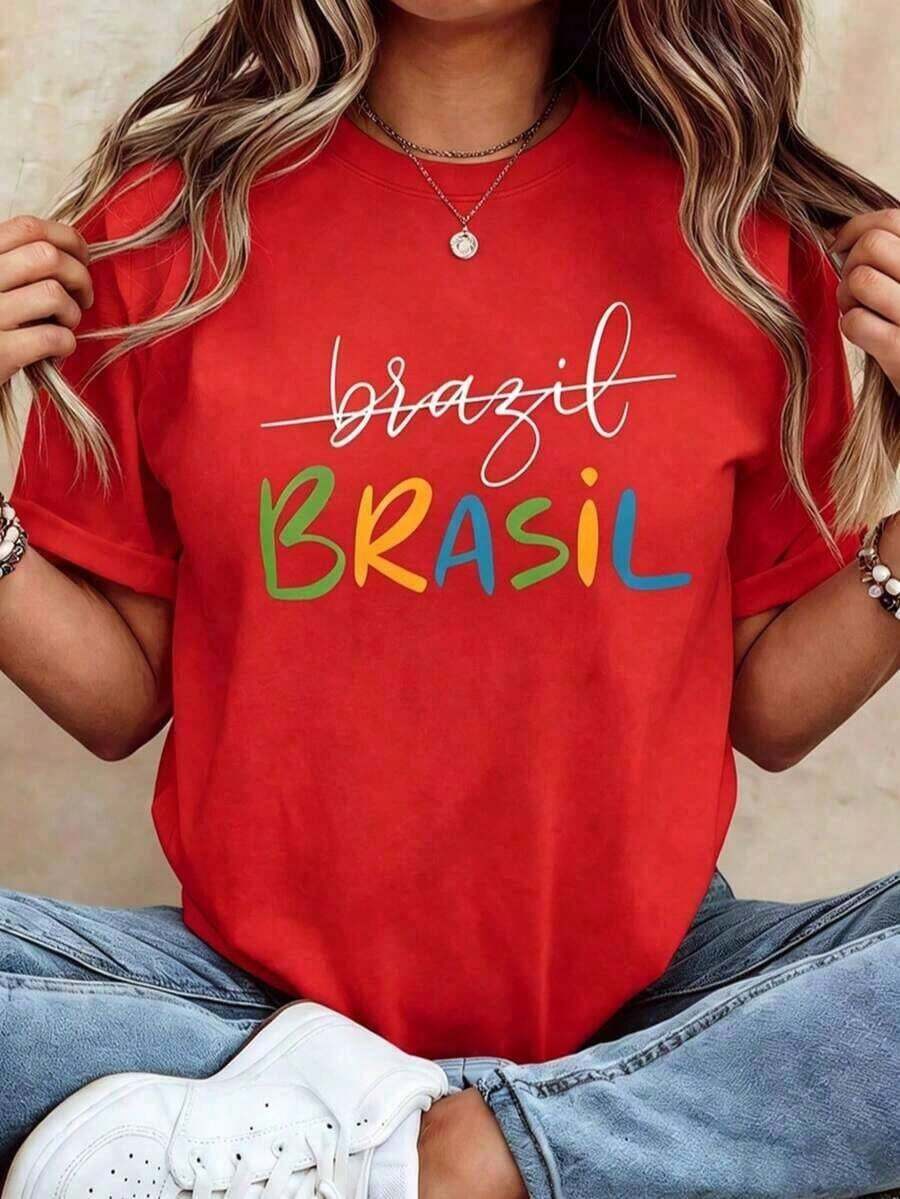 Women's Printed T-Shirt 100% Brazil, BRAZIL Graphic Print, Short Sleeve, Round Neck, Casual Top For Summer And Spring, Women's Clothing, Soft Unisex T-Shirt, Gender Neutral Easter Gift, Short Sleeve Top, Gender Neutral Casual T-Shirt "Best Mom Ever", Summer T-Shirt. - 紅色 - 查看 1